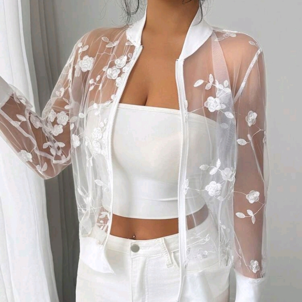 Sheer White Floral Embroidered Bomber Jacket